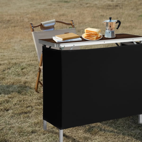 Portable Folding Bar Table with Shelf, Tradeshow Podium Table with Black Skirt and Carrying Bag, for Indoor Outdoor Party Picnic Exhibition, Brown Wood Tone