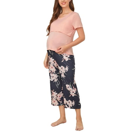 

Casual Floral Print Round Neck Nursing Short Sleeve Multicolor Detail Tee and Floral Pants Maternity Lounge Set (Women s)