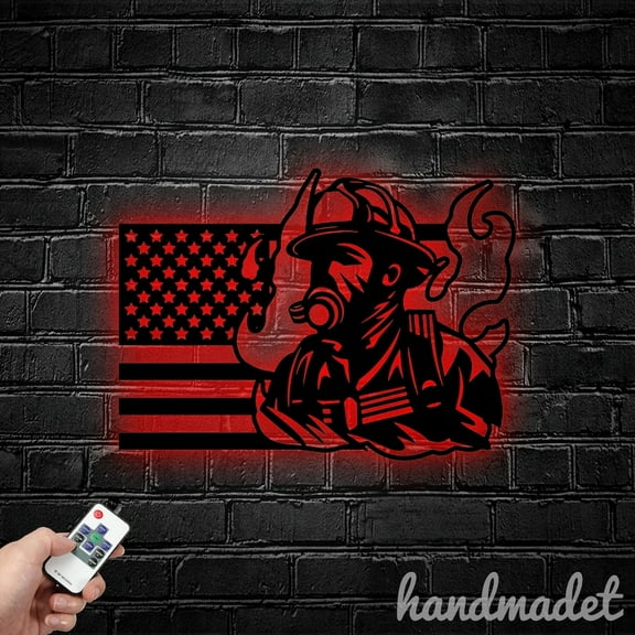 Handmadetneonsign US Flag Fireman Metal Wall Art Light, Firefighter Metal Sign Wall Decor, Fireman Metal Decor