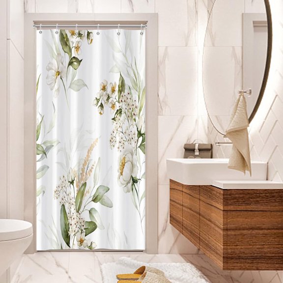 Floral Stall Shower Curtain, Green Leaves White Flower Small Dorm Bathroom Curtain, Elegantly Bloom Lush Blossom Plant Narrow Shower Curtain for Bathroom Set with 6 Hooks, White 36Wx72L