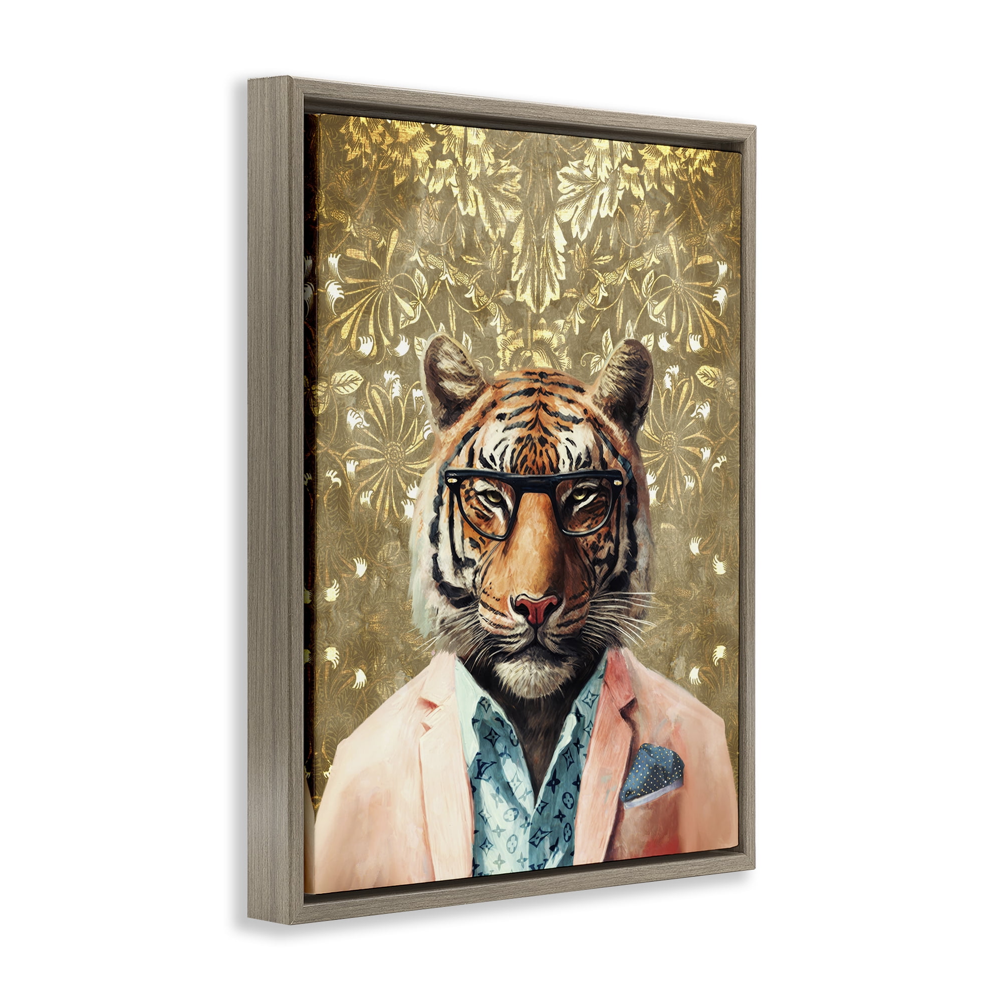 Stupell Industries Stylish Tiger Gold Wall Animals Painting Brown Floater Framed Canvas Art Print Wall Art, 17 x 21