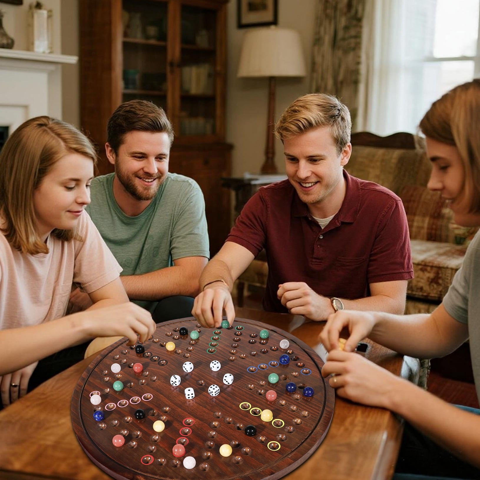 Grhonio20 in Large Original Marble Game 24 Natural Marbles Wahoo Board Game Double Sided Painted Wooden Fast Track Board Game for 6 and 4Players 6Colors 24 Marbles 6 Dice for Family Friends and Party