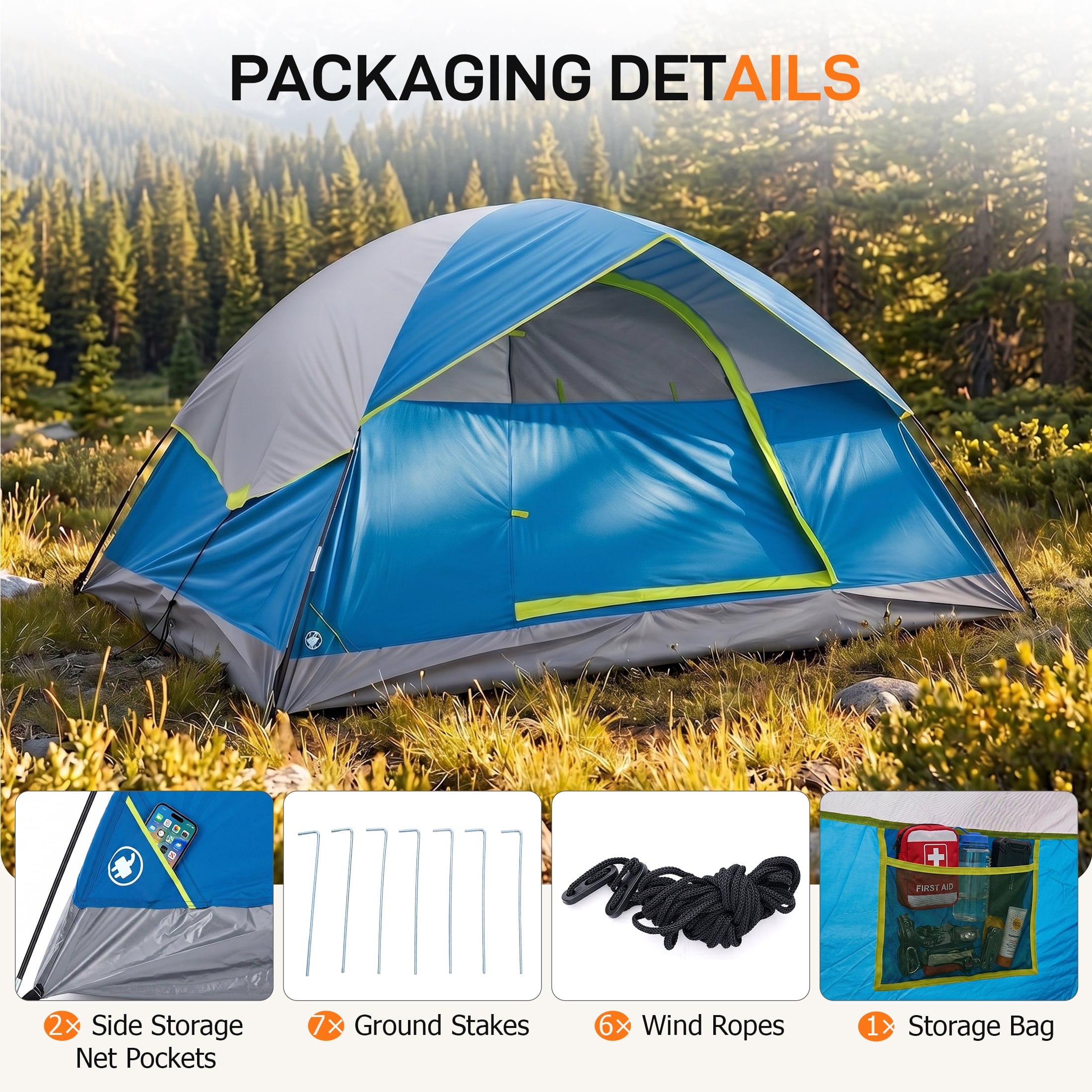 JIOABL 2 Person Dome Camping Tent with Rainfly, Waterproof Polyester, Ventilated Windows and Skylights, Easy Setup, Portable, Navy Blue