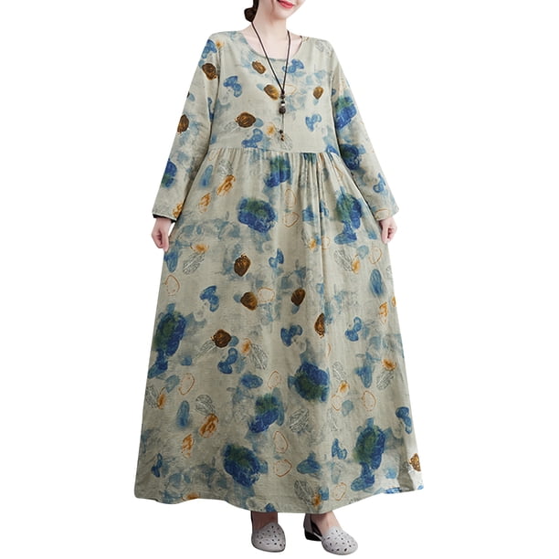 Vestido vintage de mujer de manga larga estampado de gran tamaño boho casual vestido de vacaciones Tomshoo Vestido