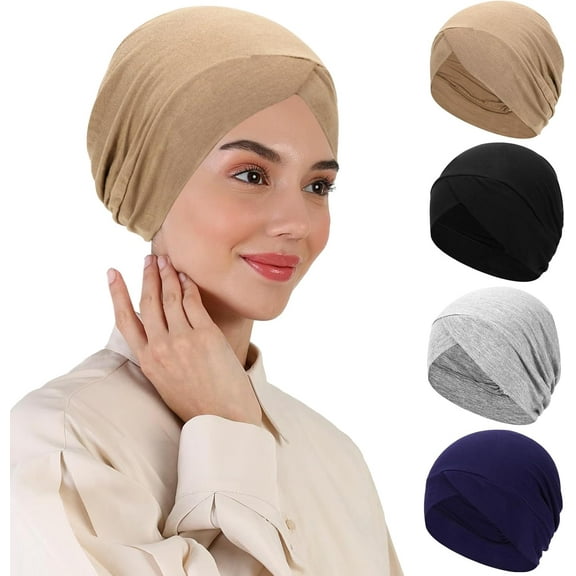 4 PCS Hijab Undercap for Women, Under Hijab Cap Cross Turban Underscarf Solid Color Undercap Bonnet Inner Head Scarf Head Wraps Hair Turbans for Women Chemo Headwear Sleep Cap