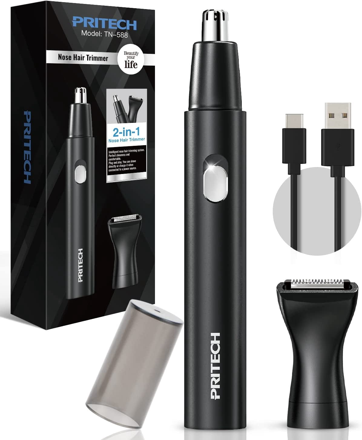PRITECH Tondeuse à Poils de Nez pour Hommes et Femmes, Tondeuse à Poils de Nez Rechargeable, Tondeuse à Poils de Nez Portable avec Tondeuse à Poils d'Oreilles Ipx5 Lavable