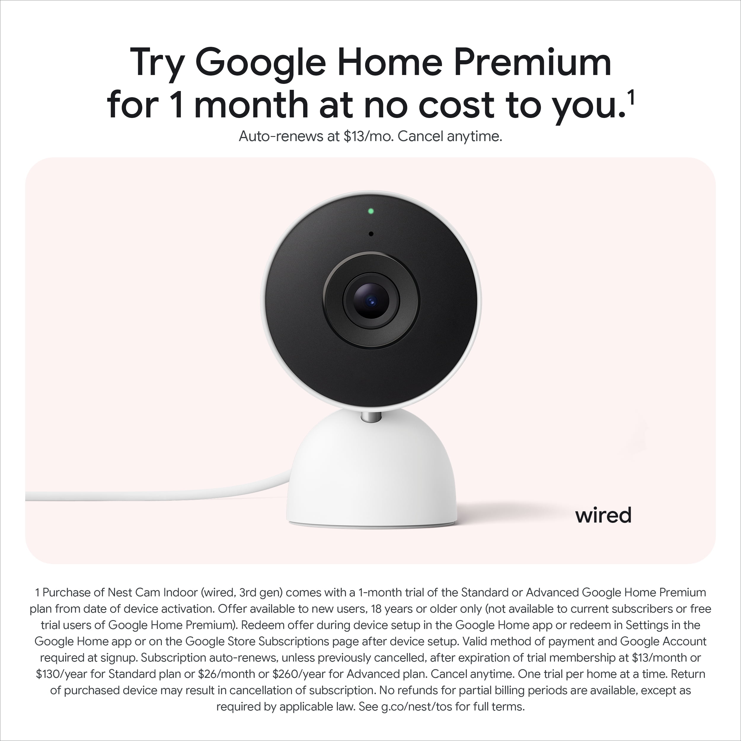 Google Nest Cam Indoor (Wired, 3rd Gen) - 2K Video and Gemini - Snow