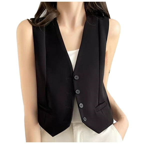 GEWSEY 2025 Womens Summer Vest Tops Sleeveless Long Lightweight V-Neck Single Button Slits Casual Fashion Work Jacket (Black, M)