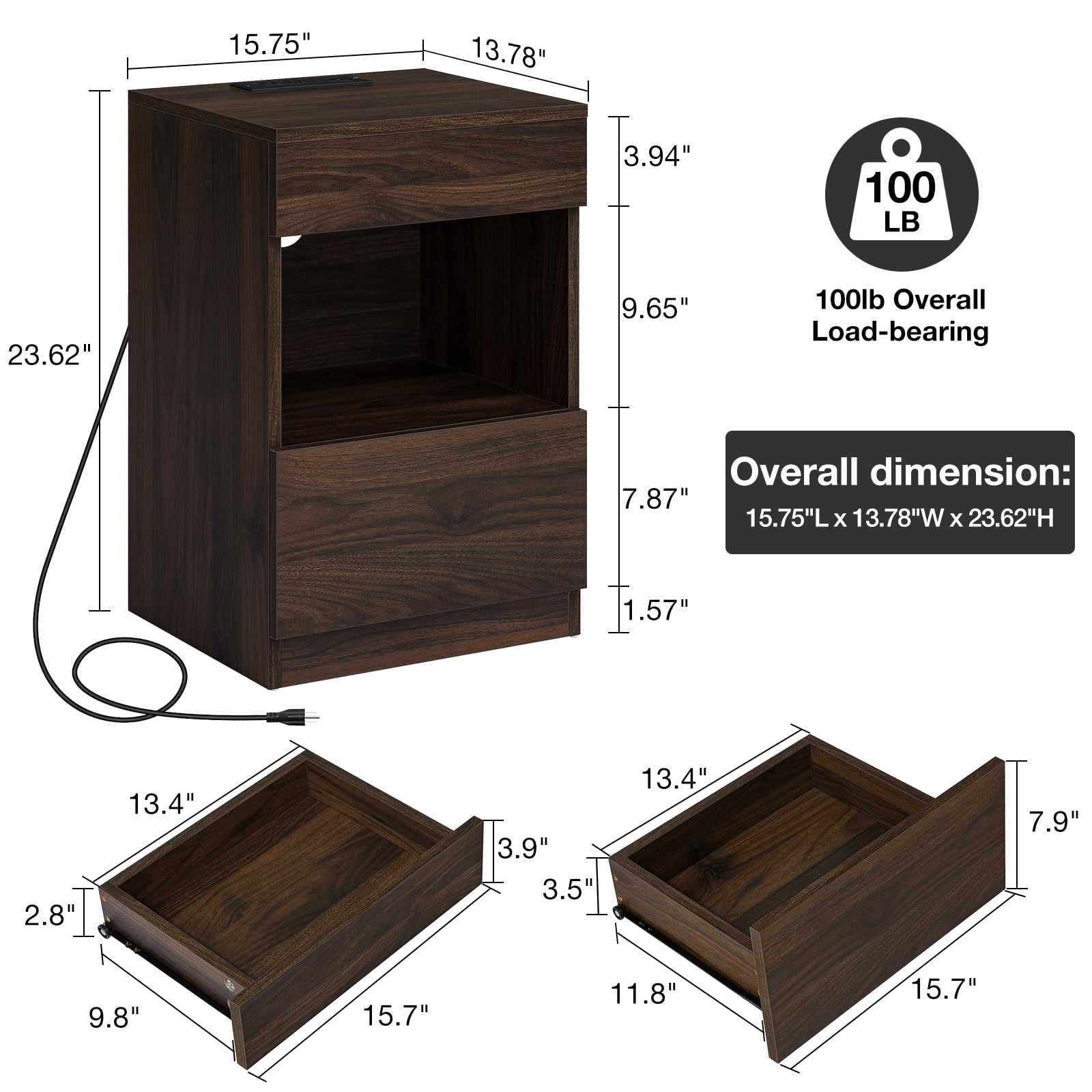 Hommpa Nightstand with Charging Station Nightstands with 2 Drawer Open Shelf Nightstands Dark Walnut Nightstands High Gloss LED End Table Nightstands for Bedroom Living Room Furniture 23.6" Tall