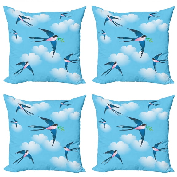 Birds Throw Pillow Cushion Case Pack of 4, Illustration of Blue Swallow Bird Among the Clouds Known As Hirundo Atrocaerulea, Modern Accent Double-Sided Print, 4 Sizes, Multicolor, by Ambesonne