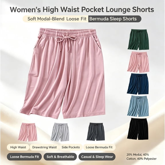 HongQid Womens Lounge Shorts Drawstring Waist Soft Knit Bermuda Shorts With Pockets Loungewear Multi Color