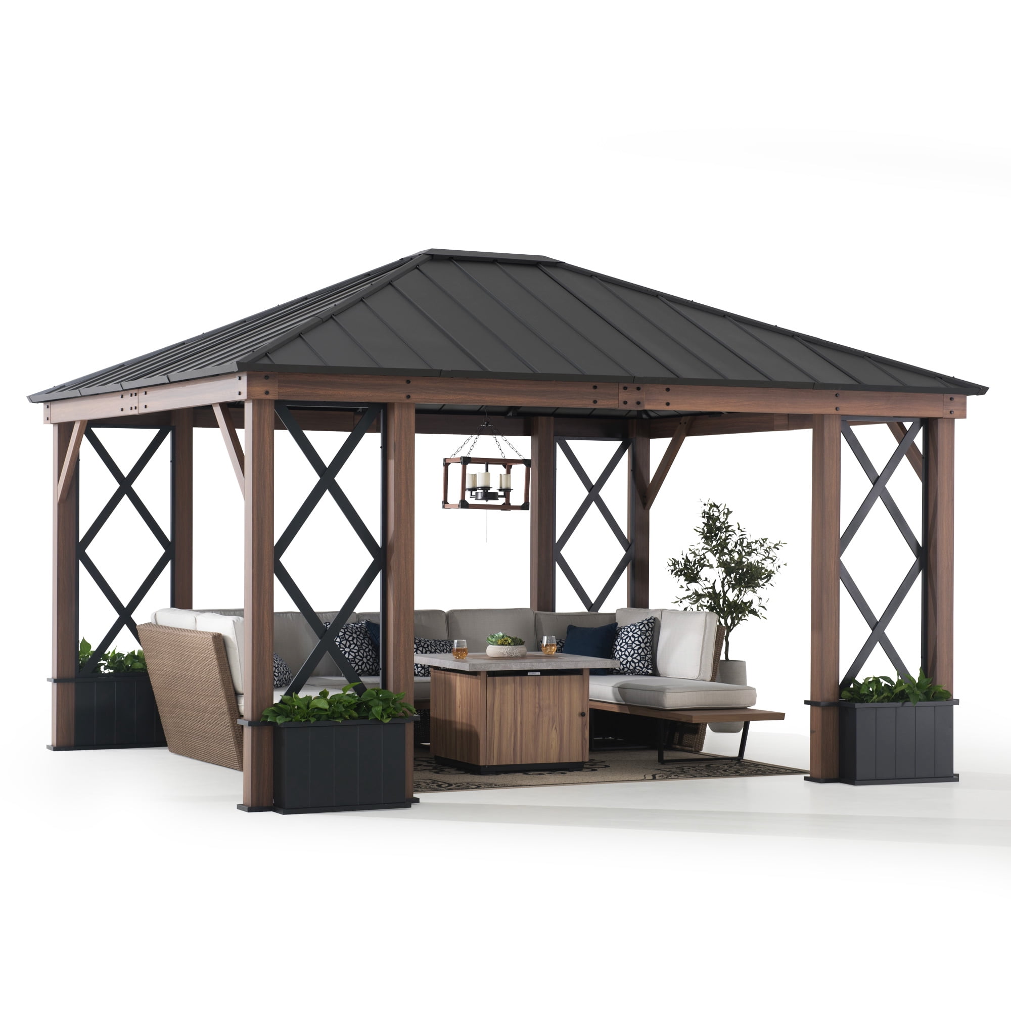 Sunjoy 13 ft. x 15 ft. Hardtop Gazebo, Outdoor Black Steel Roof Gazebo Aluminum Framed Gazebo with Planters and Ceiling Hook for Patio, Garden, and Backyard Activities