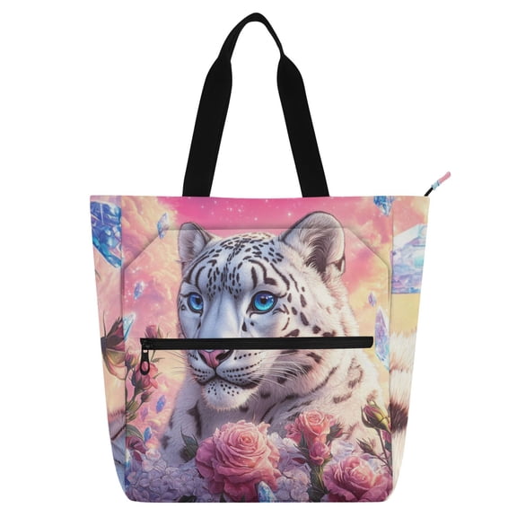 DIXRUYEE Book Tote Bag Casual Style Creatively Snow Leopard Roses Crystals Printed