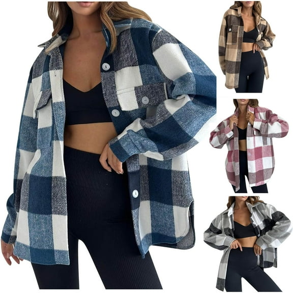 BiZtdJrK Long Sleeve Shirts for Women Flannel Plaid Shacket Jacket Casual Button Down Lapel Blouse Coat 2025 Going Out Tops Today Sales Coffee M