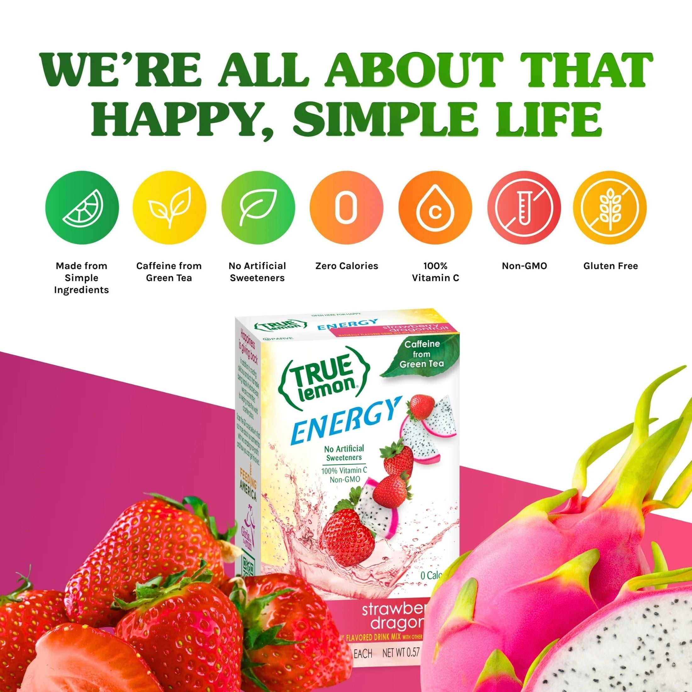 (12 pack) True Lemon Strawberry Dragonfruit Energy Drink Mix, 0 Sugar, No Artificial Sweeteners, 6 Count Box