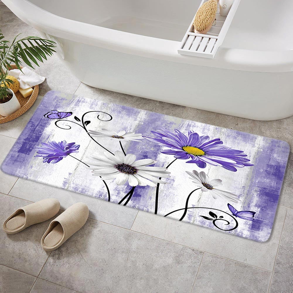 Farmhouse Floral Flowers Bathroom Rugs, Farm Rustic Farmhouse and Butterfly on Country Wooden Bathroom Rugs Set, Purple Daisy Floral Bathroom Rug Mat 17X48inch, Extra Soft and Absorbent Bath Rugs