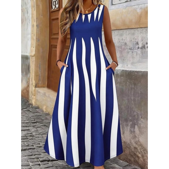 Plus Size Womens Blue And White Geometric Stripe Sleeveless Maxi Dress With Side Pockets