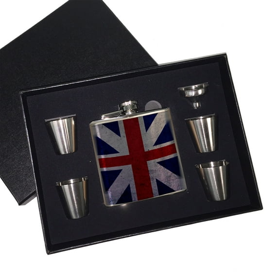 KuzmarK 6 oz. Stainless Steel Flask Set in Black Presentation Box -  Union Jack