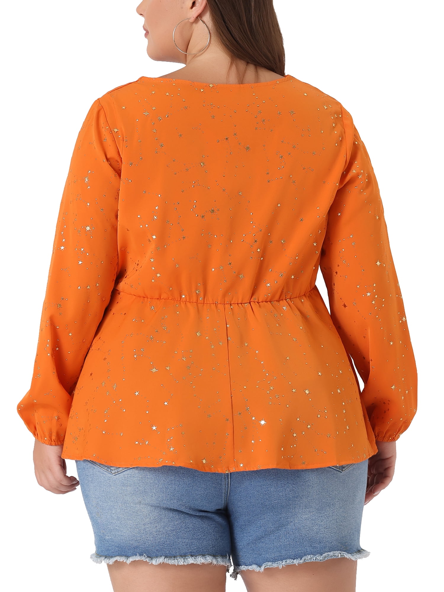 DARING DIVA Women's Plus V Neck Peplum Top Ruffled Elastic Waist Blouse 3X Orange