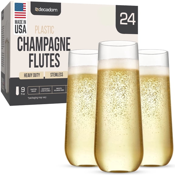 24 Pack Stemless Plastic Champagne Flutes Shatterproof, Recyclable, BPA-Free, Smooth Rims.