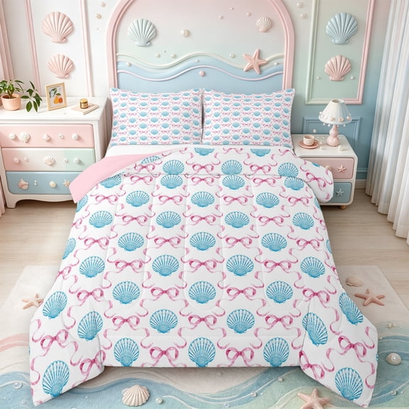 Manfei Ocean Cartoon Shell Full Size Comforter Sets,Pink Bowknot Bedding Comforter Set,Pink Reversible,3pcs,1 Comforter and 2 Pillowcases