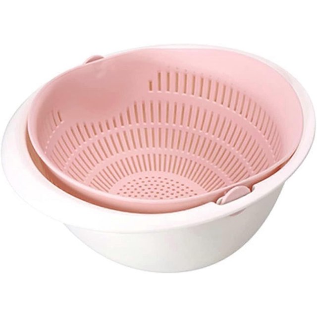 Portable Washing Basket & Drainer Multifunctional Kitchen Food Strainer Basket Set with Double Layered Detachable Basket Bowl Free Space Saving(Pink)