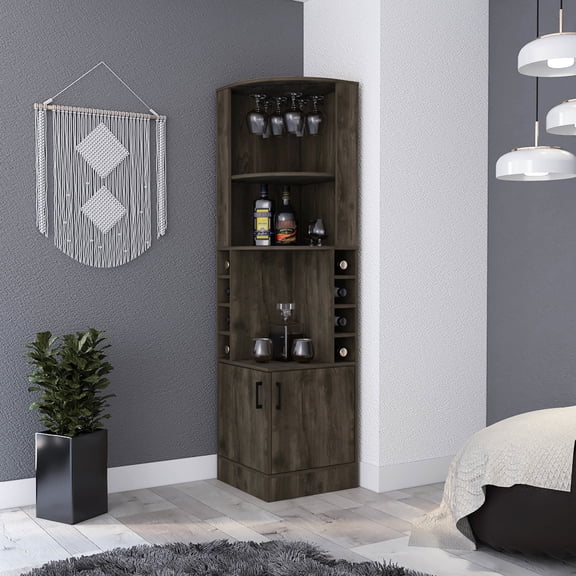 Modern Bar Cabinet With 8 , Dark Brown, Bottom Bottle 2 Large Open Shelves & 2-door Cabinet, Brown