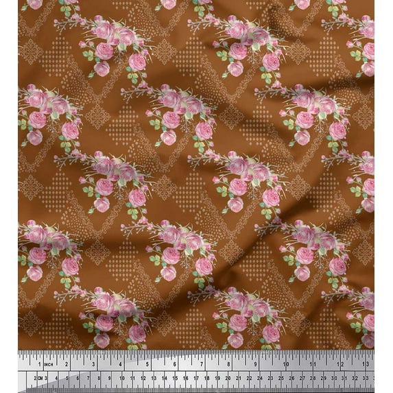 Soimoi Brown Cotton Voile Fabric Damask & Rose Floral Printed Craft Fabric by the Yard 56 Inch Wide
