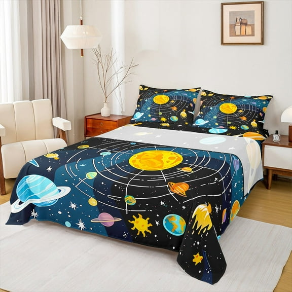 Manfei Galaxy Planet Twin Sheet Sets,Solar System Twin Fitted Sheet,Outer Space Theme Flat Sheet For Boys Kids,Ultra Soft Home Decor,3-Piece