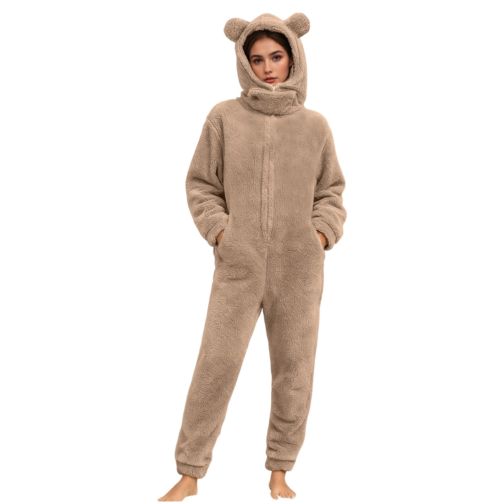 Cadancy Adult Onesies Pajamas for Women Zip Up Long Sleeve Loose Fleece Jumpsuit Cute Bear Hooded Fuzzy Sherpa Winter Warm Rompers with Pockets