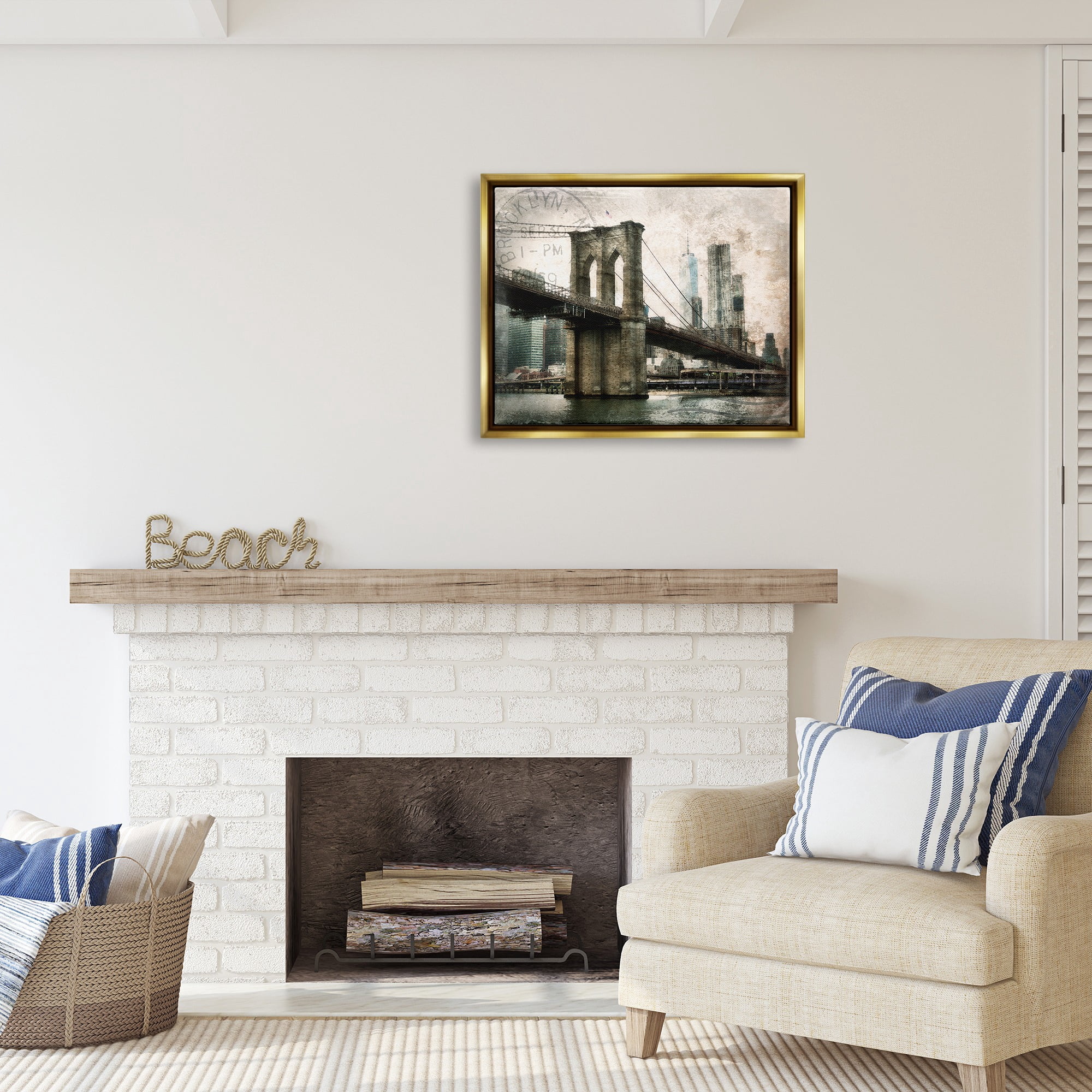 Stupell Industries Vintage Brooklyn Bridge Abstract Painting Gold Floater Framed Canvas Art Print Wall Art, 31 x 25