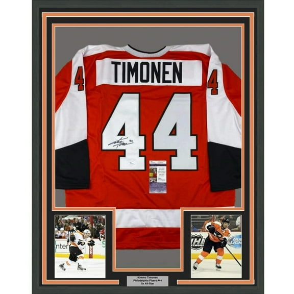 Framed Autographed/Signed Kimmo Timonen 35x39 Philadelphia Orange Hockey Jersey JSA COA