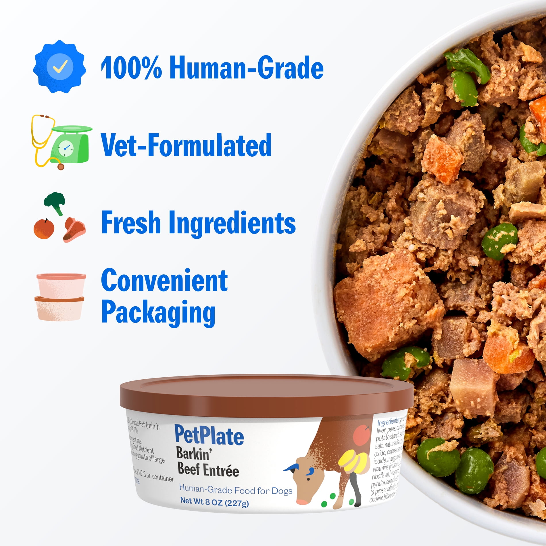 PetPlate Human-Grade Beef Entrée, Fresh Grain-Free Dog Food, All Life Stages, Frozen, 8oz