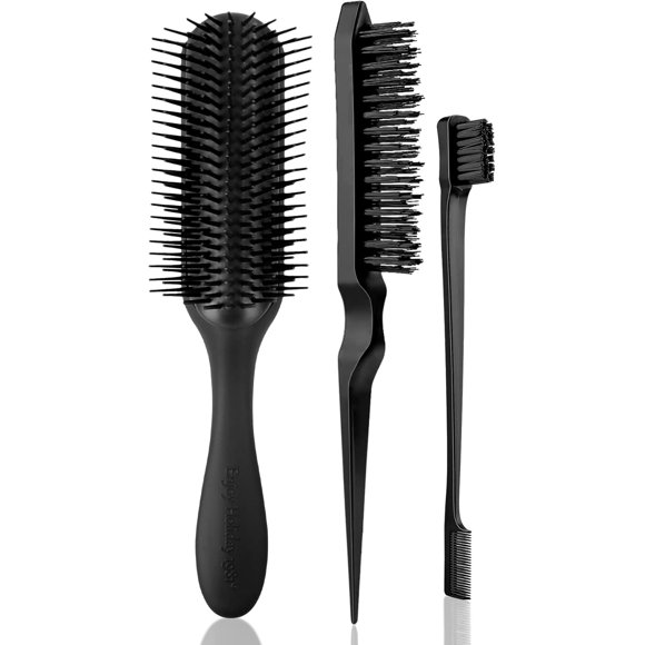 ERDS-3 PCS Hair Brush for Women Men Classic Styling Brushes Curly Wet or Dry Hair 9 Row 3 Row with Edge Comb for Natural Thick Hair, Blow Separating, Shaping Defining Detangling Curls Tool Travel Hai