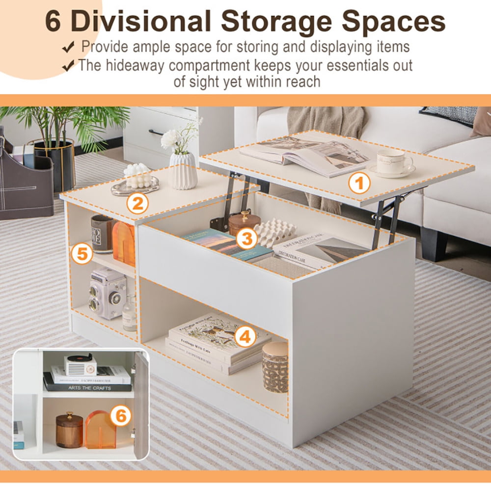 Finihen Coffee Table, Lift Top Coffee Table, Modern Coffee Table with Lift Tabletop and Storage Compartments, for Living Room, Reception Room, Office, White Finihen Coffee Table, Lift Top Coffee Table, Modern Coffee Table with Lift Tabletop and Storage Compartments, for Living Room, Reception Room, Office, White