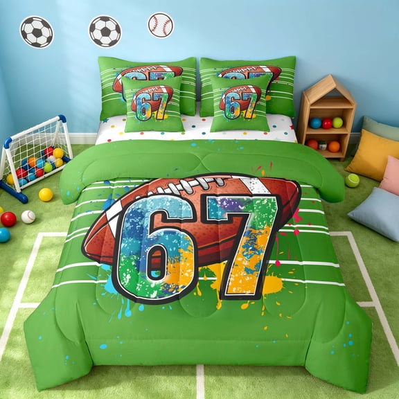 Manfei Boys Rugby Twin Bedding, Sport Bedding Comforter Set, Green Multicolor, Polka Dots Reversible 7-Piece