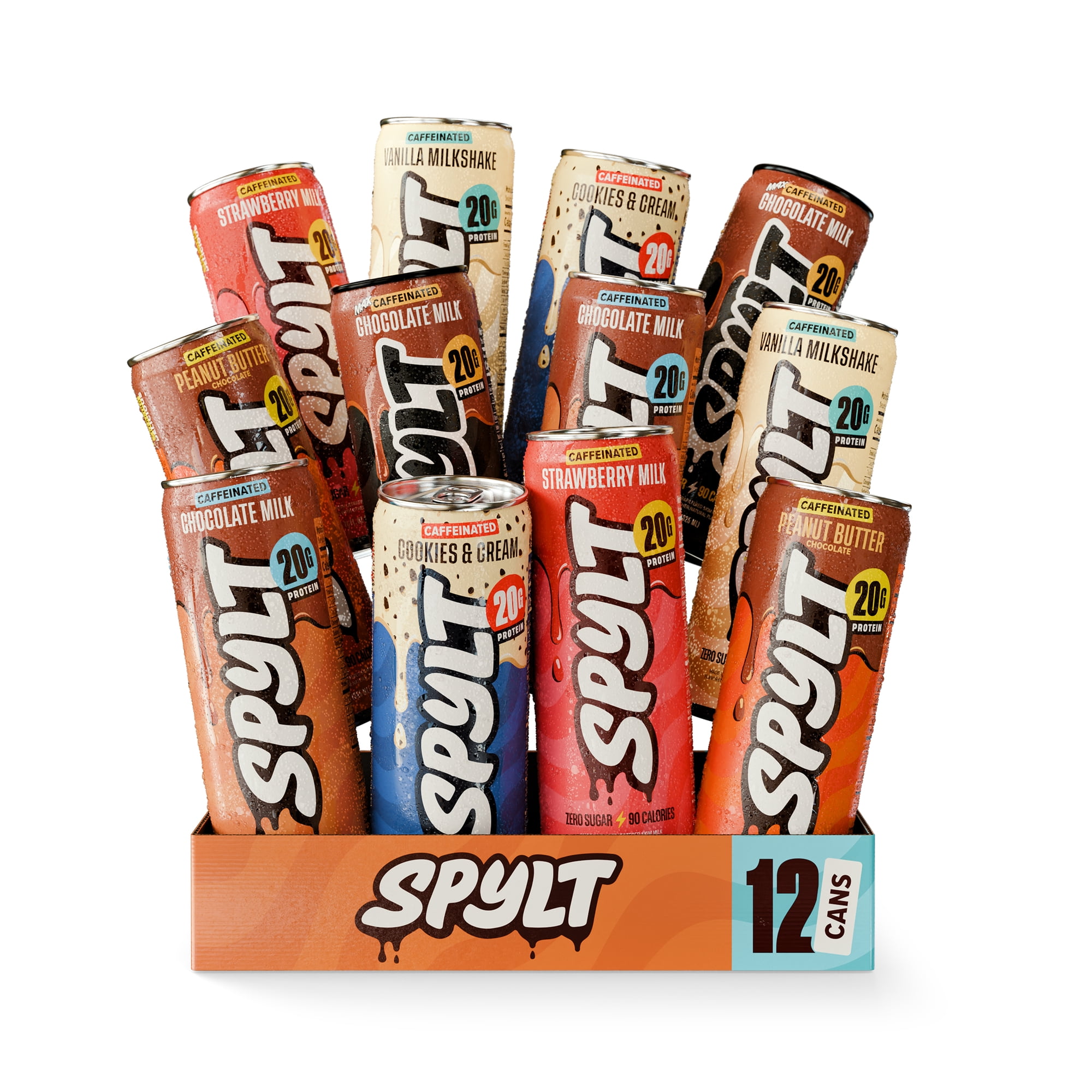 SPYLT High Protein Milk, Variety Pack, 20g Protein, 60mg Caffeine, Sugar Free, 11 fl oz, 12 Cans - PACKAGING MAY VARY