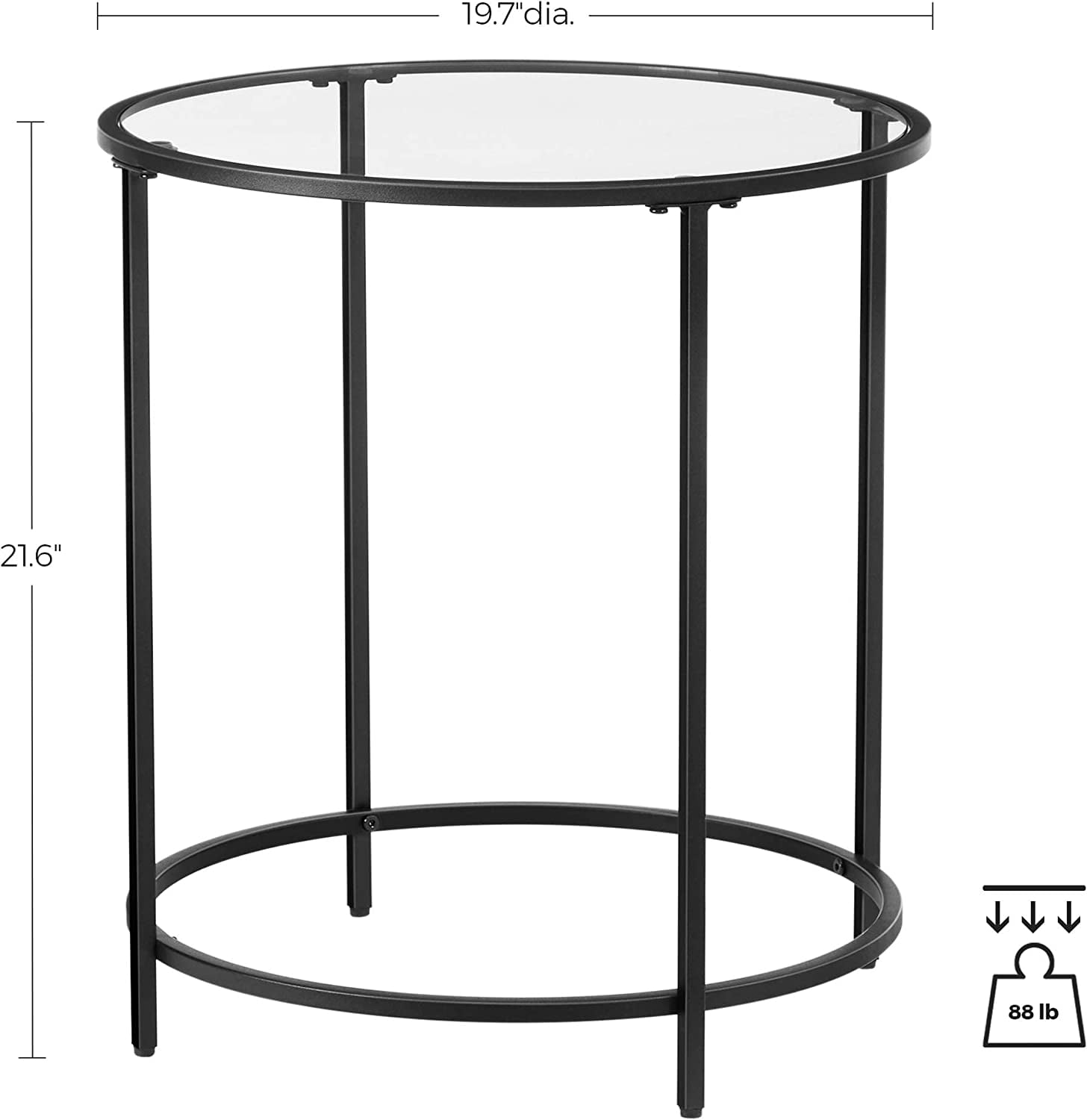 VASAGLE Round Side Table Glass End Table with Metal Frame Black Coffee Table with Modern Style for Living Room, Balcony, Bedroom, Black