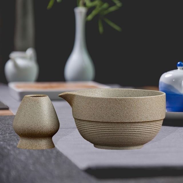 2x Matcha Set Tazón de té con boqueres vertidos y accesorios ceremoniales ceremoniales Batir de cerámica hecha a mano Tazón de té para amigos gris