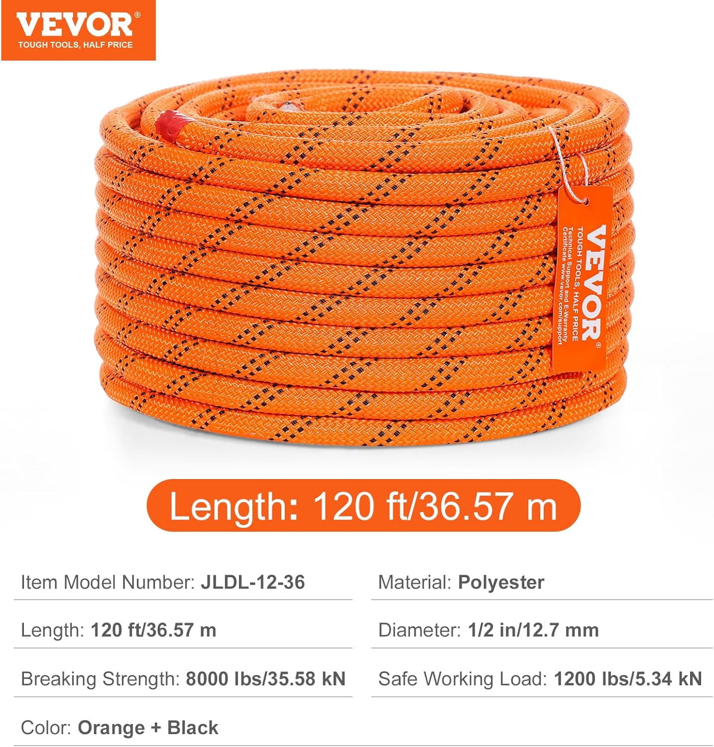 Double Braided Polyester Rope, 1/2 in x 120 ft, 48 Strands, 8000 LBS Breaking Strength Outdoor Climbing Rope, Arborist Rigging Rope for Rock Hiking Camping Swing Rappelling Rescue, Orange/Black