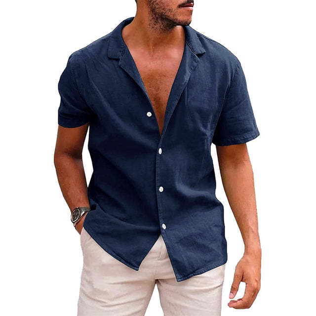 Summer Linen Large Men‘s Short-sleeved T-shirt Loose Undershirt Solid Color Button Cardigan Cotton Linen Shirt Men