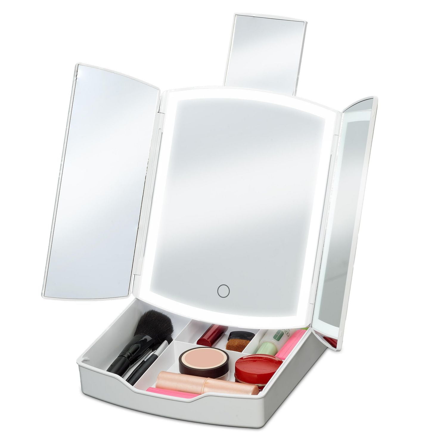 Portable Tri-Fold LED Mirror - Lighted Vanity Mirror with Storage Tray
