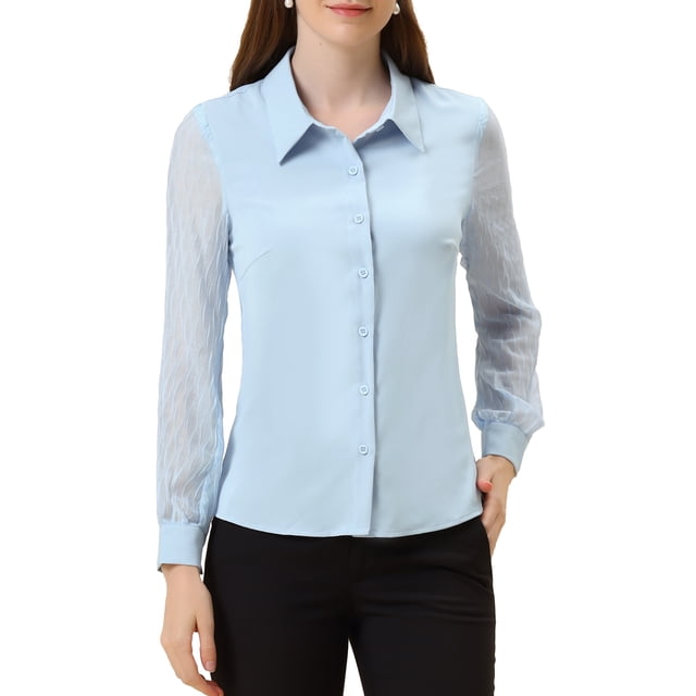 INSPIRE CHIC Women's Chiffon Textured Sheer Sleeve Button Down Work Shirt S Light Blue