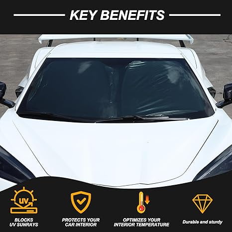 Front Windshield Sunshade for Chevrolet Corvette C8 Stingray 2020-2024, Front Window Sun Shade, Foldable Reflective Sun Visor, Screen Shield Cover UV Blocker Protector HeatShield