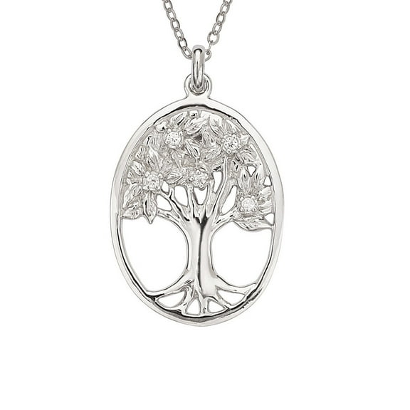 Silver Roots Tree of Life Charm Clear CZ Leaves Sterling Silver Oval Shape Pendant Necklace