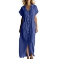 thumbnail image 2 of ClodeEU Women's V Neck Short Sleeve Button Down Maxi Dress,Casual Loose Dress with Front Slit Blue,Women's Plus L, 2 of 7