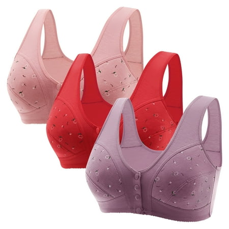 Brondbend Wireless Bras for Women 3pcs Plus Size No Underwire Seamless Padded Middle-Aged and Elderly Printed Front Buckle Everyday Bras Casual Bralette for Festival Clearance Sale Multicolor XL