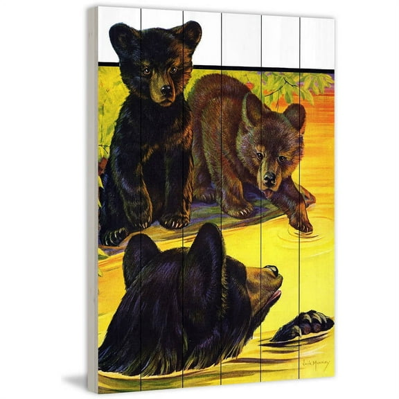 Marmont Hill "Bears in River" Painting Print on White Wood