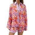 thumbnail image 1 of VISgogo Traje de pantalón de dos piezas para mujer, blusa de manga larga con estampado de flores / irregulares y pantalones cortos de pierna recta VISgogo  moda, 1 of 9