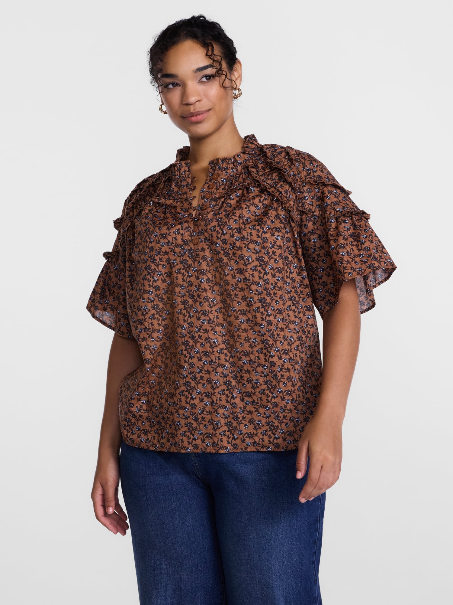 Scenario Women's Gathered Cotton Voile Top with Short Sleeves, Size XS-XXXL